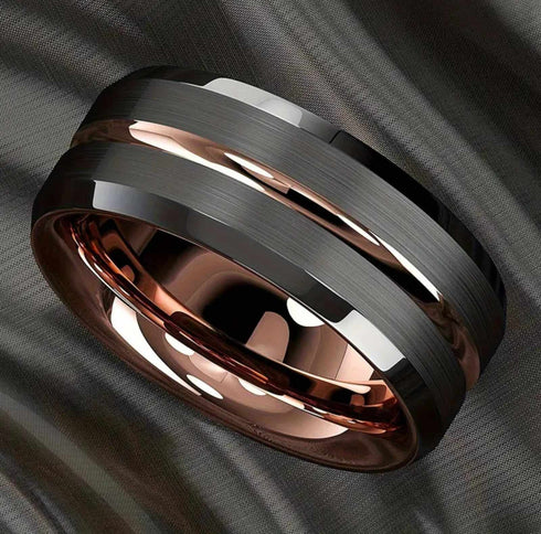 Men's 8mm Tungsten Brushed Black Rose Gold Grooved Comfort-Fit Wedding Band